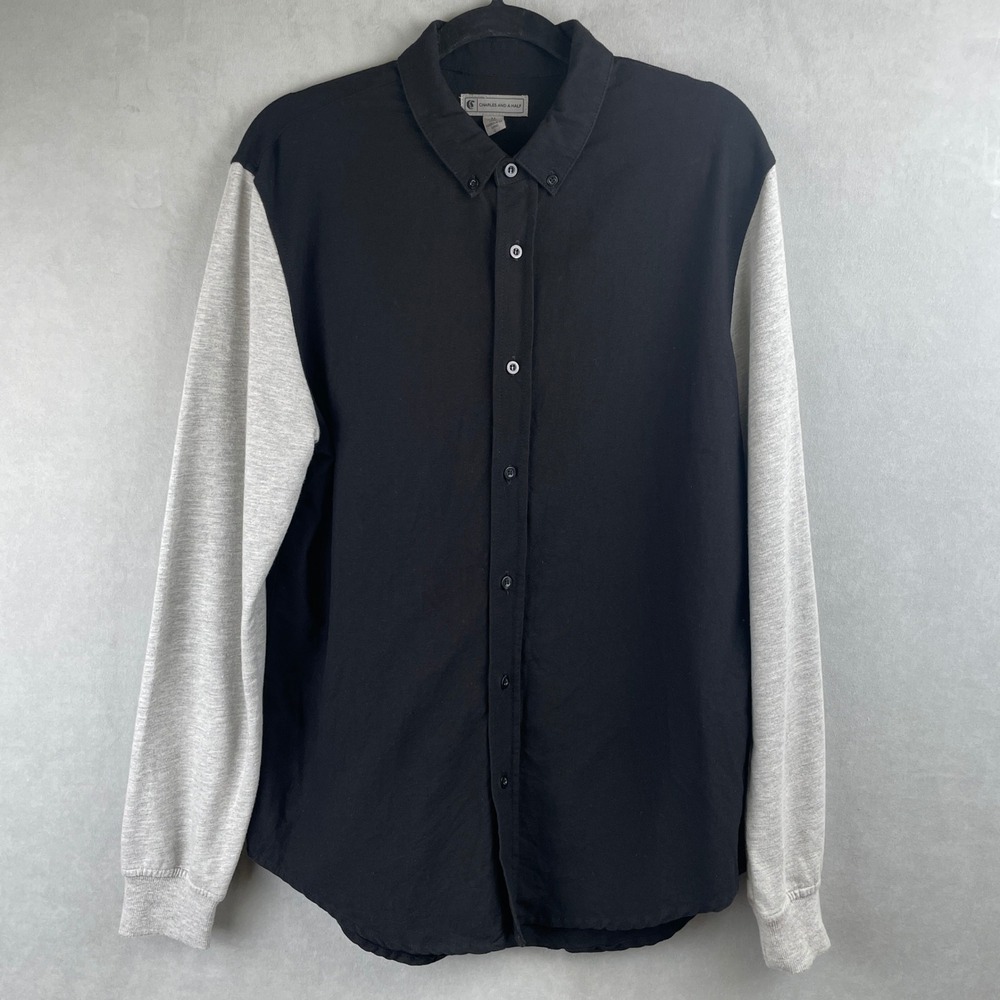 Charles and a Half Men M Black Grey Mixed Media Button Down L/S Shirt Skater Hip